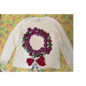 Ugly‎ Christmas Women Croft & Barrow 3D Ornament Wreath Sweater XXL Cream